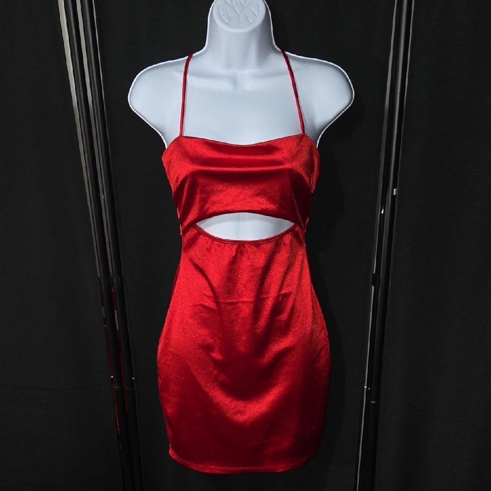 Windsor Red Satin Cutout Halter Mini Dress